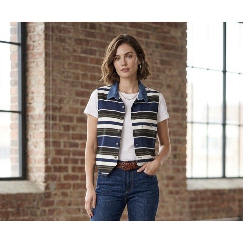 Panhandle Slim Womens L Vintage Western Vest Top Striped Denim Collar USA NWT